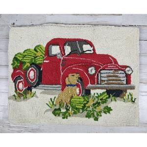 Hooked Wool Pillow Cover w/Vtg Red Truck, Tan Dog & Watermelons Zip Back 16"x22"